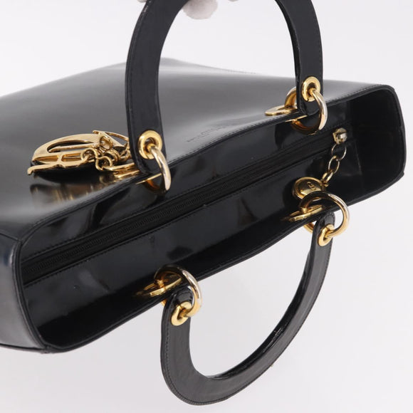 Christian Dior Hand Bag Patent Black Gold Auth bs35940
