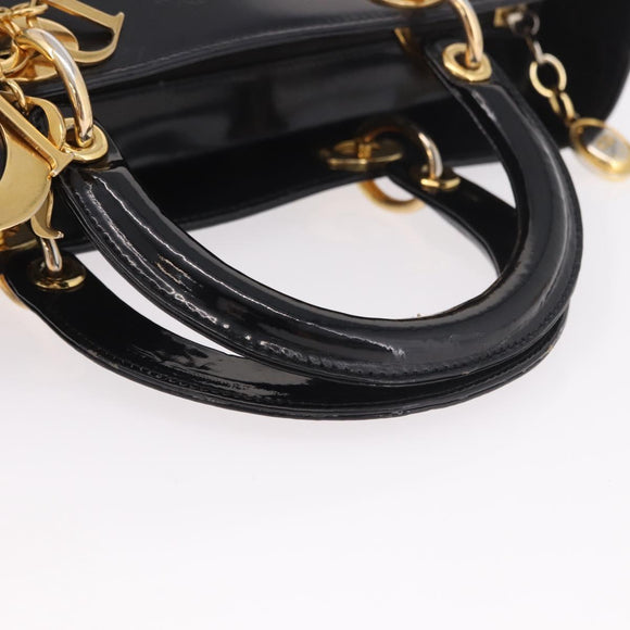 Christian Dior Hand Bag Patent Black Gold Auth bs35940