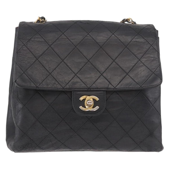 CHANEL Matelasse Chain Shoulder Bag Leather Black Gold CC Auth bs35943
