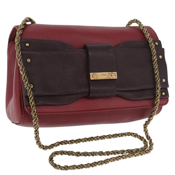 Chloe Ribbon Chain Shoulder Bag Leather Red Gold Auth bs35972A
