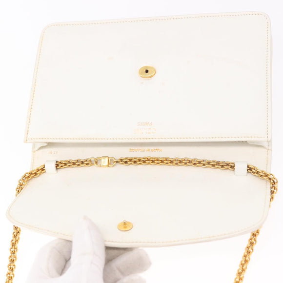 CELINE Chain Shoulder Bag Leather White Gold Auth bs35977