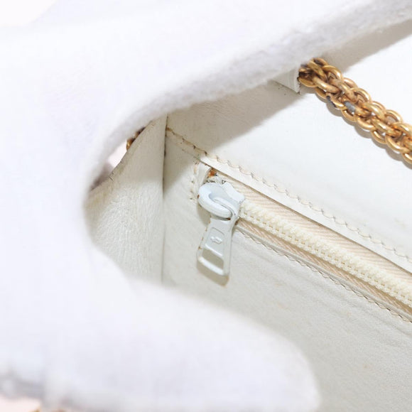CELINE Chain Shoulder Bag Leather White Gold Auth bs35977