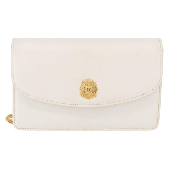 CELINE Chain Shoulder Bag Leather White Gold Auth bs35977