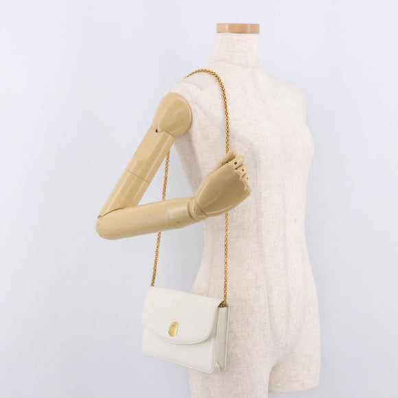 CELINE Chain Shoulder Bag Leather White Gold Auth bs35977