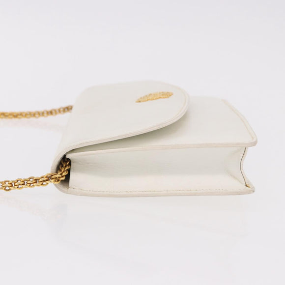 CELINE Chain Shoulder Bag Leather White Gold Auth bs35977