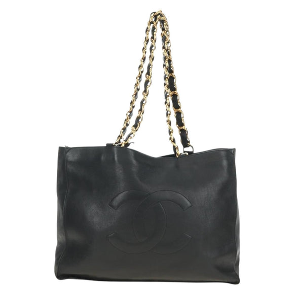 CHANEL COCO Mark Chain Tote Bag Leather Black Gold CC Auth bs35989V