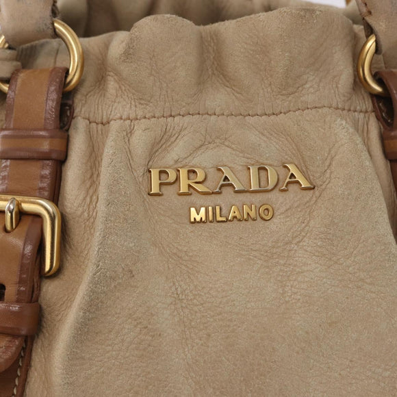 PRADA Tote Bag Leather 2way Beige Gold Auth bs36021