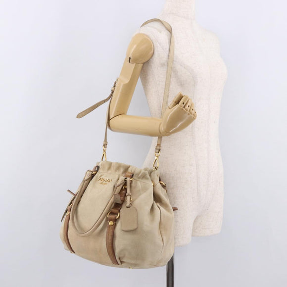 PRADA Tote Bag Leather 2way Beige Gold Auth bs36021