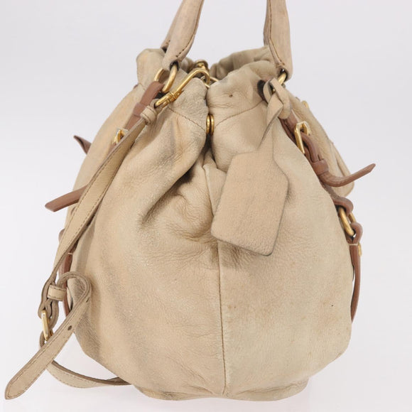PRADA Tote Bag Leather 2way Beige Gold Auth bs36021