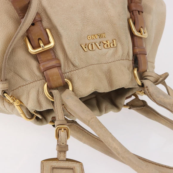 PRADA Tote Bag Leather 2way Beige Gold Auth bs36021