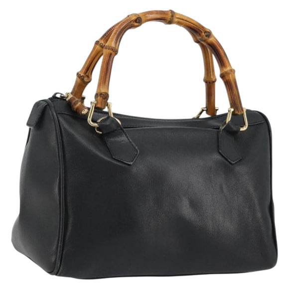 GUCCI Bamboo Hand Bag Leather Black Gold 000 122 0294 Auth bs36025