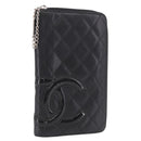 CHANEL Cambon Line Long Wallet Lamb Skin Black CC Auth bs36030-1