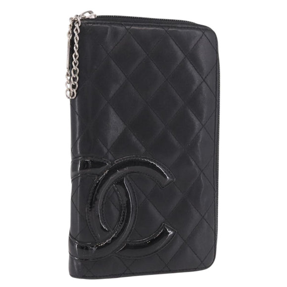 CHANEL Cambon Line Long Wallet Lamb Skin Black CC Auth bs36030