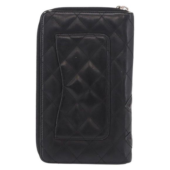 CHANEL Cambon Line Long Wallet Lamb Skin Black CC Auth bs36030