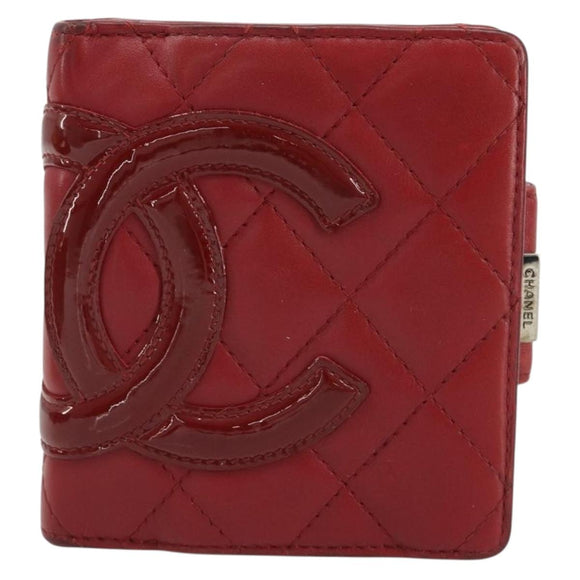 CHANEL Matelasse Long Wallet Lamb Skin Red Silver CC Auth bs36032
