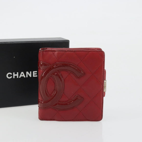 CHANEL Matelasse Long Wallet Lamb Skin Red Silver CC Auth bs36032