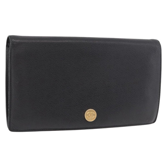CHANEL Long Wallet Leather Black Gold CC Auth bs36037