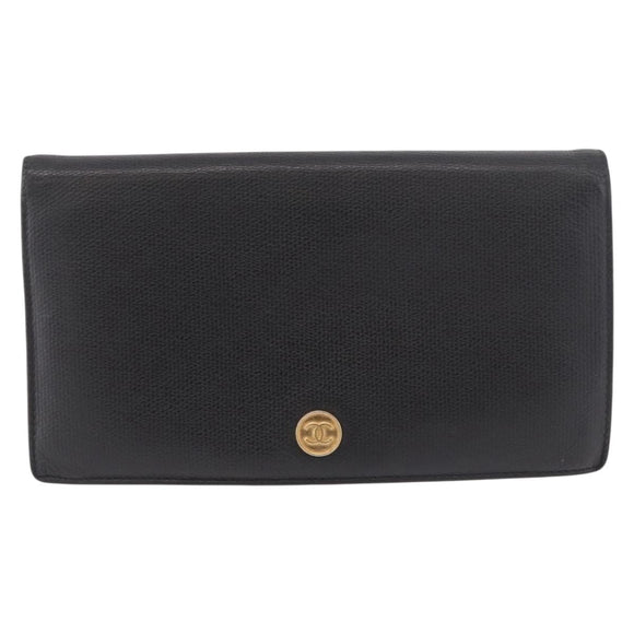 CHANEL Long Wallet Leather Black Gold CC Auth bs36037