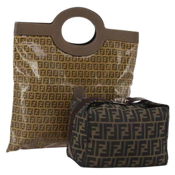 FENDI Zucca Canvas Hand Bag Coated Canvas 2 Set Brown Black Auth bs36051