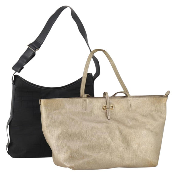 Salvatore Ferragamo Shoulder Bag Nylon Leather 2 Set Black Gold Auth bs36053