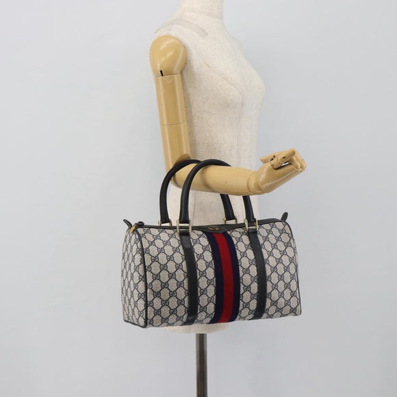 GUCCI GG Supreme Sherry Line Boston Bag PVC Navy Gold 012 3842 39 Auth bs36096