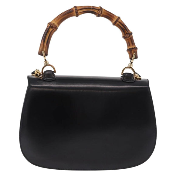 GUCCI Bamboo Hand Bag Leather 2way Black Gold 000 1364 0633 Auth bs36097V
