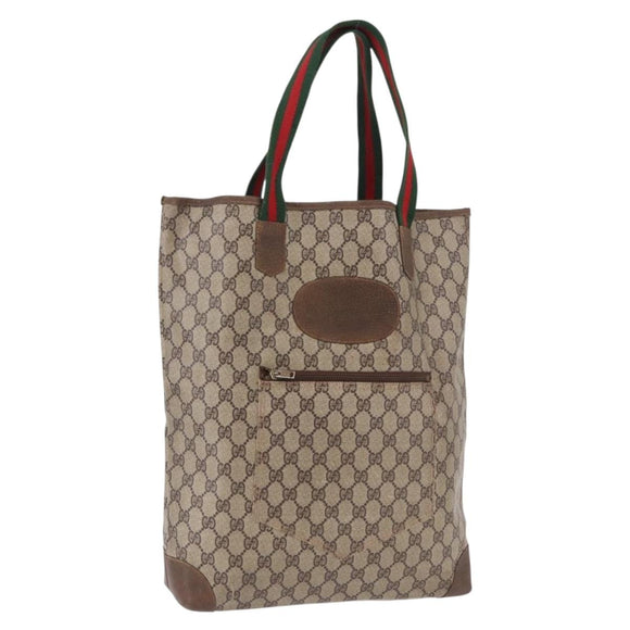 GUCCI GG Supreme Web Sherry Line Tote Bag PVC Leather Beige Auth bs36101