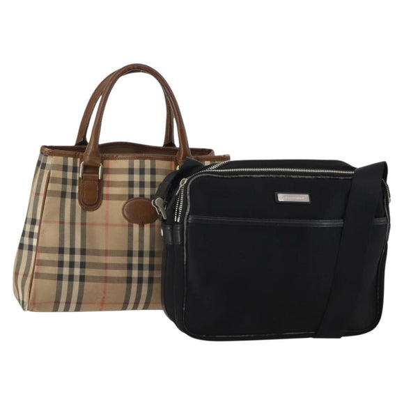 Burberrys Nova Check Hand Bag Canvas nylon 2 Set Black Beige Auth bs36161