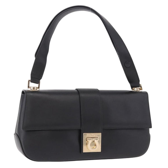 Salvatore Ferragamo Gancini Hand Bag Leather Black Gold Auth bs36169V