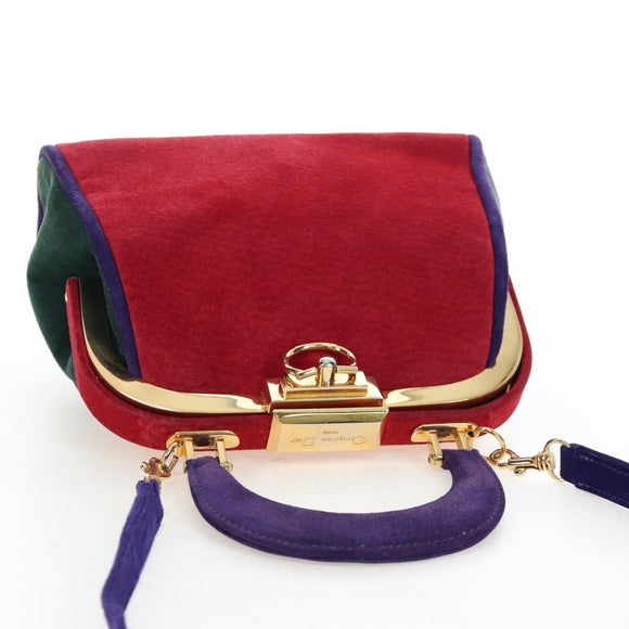 Christian Dior Hand Bag Suede 2way Red Gold Auth bs36171V