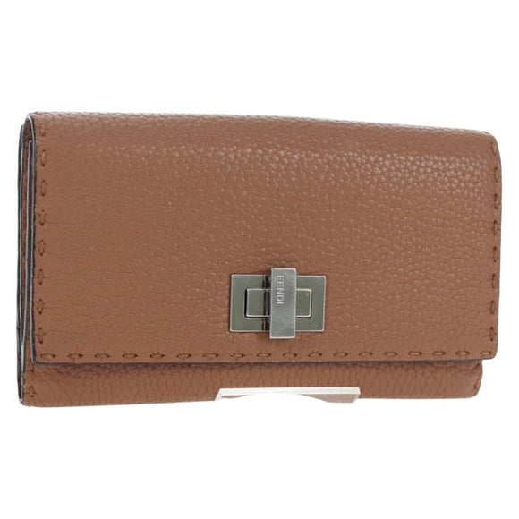 FENDI Seleria Peek A Boo Long Wallet Leather Brown Silver Auth bs36174A