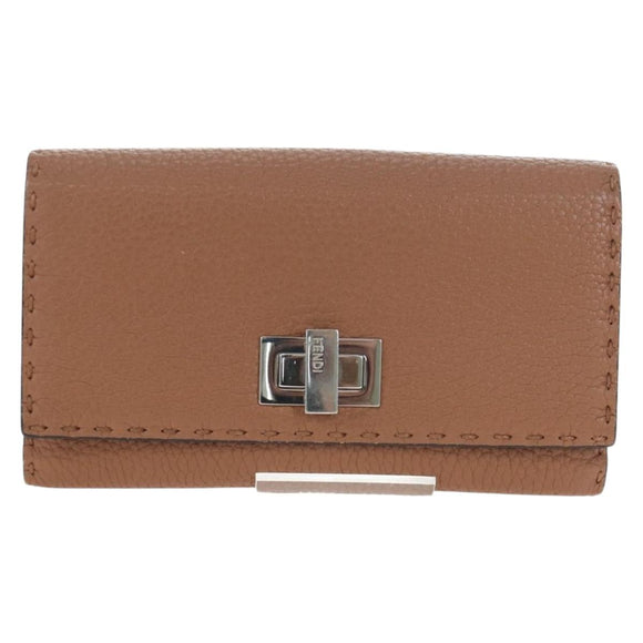 FENDI Seleria Peek A Boo Long Wallet Leather Brown Silver Auth bs36174A