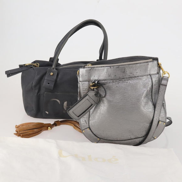 Chloe Hand Bag Leather 2 Set Silver Gray Auth bs36185