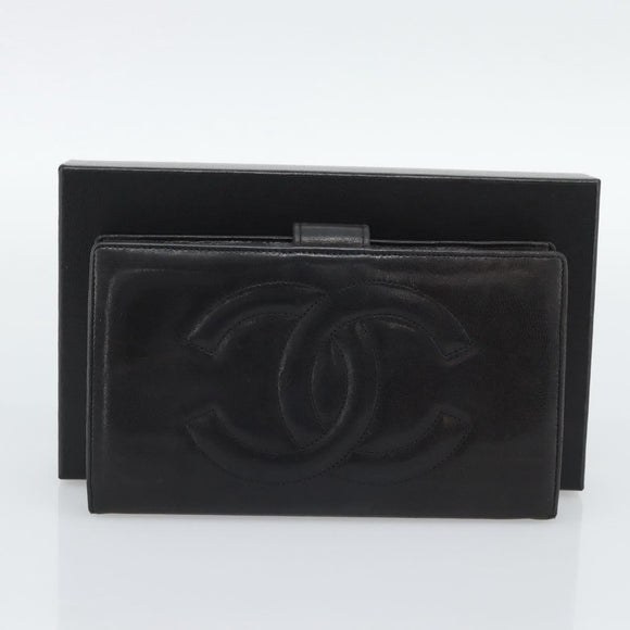 CHANEL COCO Mark Long Wallet Leather Black CC Auth bs36189