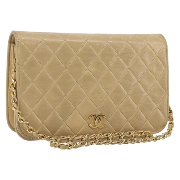 CHANEL Matelasse Chain Shoulder Bag Lamb Skin Beige Gold CC Auth bs36192