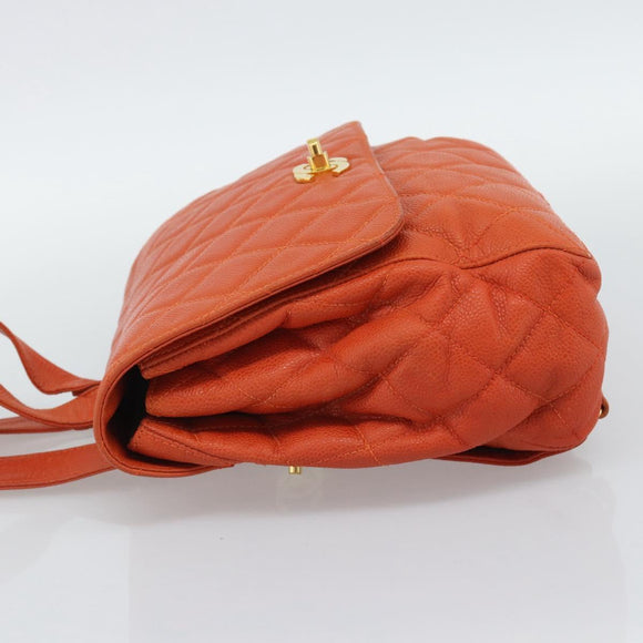 CHANEL Matelasse Backpack Caviar Skin Orange Gold CC Auth bs36193