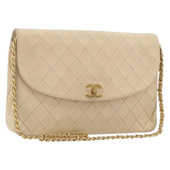 CHANEL Matelasse Chain Shoulder Bag Lamb Skin Beige Gold CC Auth bs36200