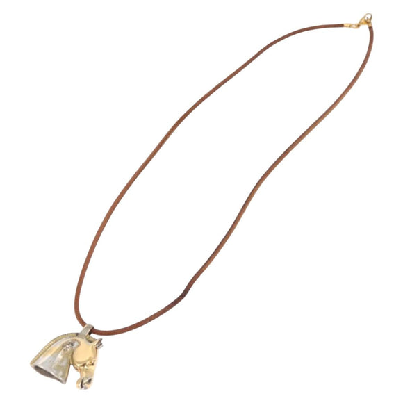HERMES Shuval Necklace Leather Brown Auth bs36204