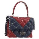 VALENTINO Studs Hand Bag Leather 2way Red Navy Gold Auth bs36227A-1