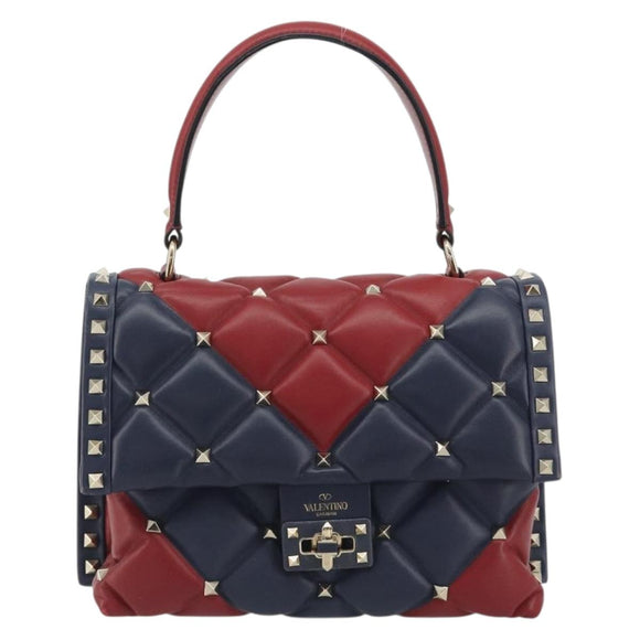 VALENTINO Studs Hand Bag Leather 2way Red Navy Gold Auth bs36227A