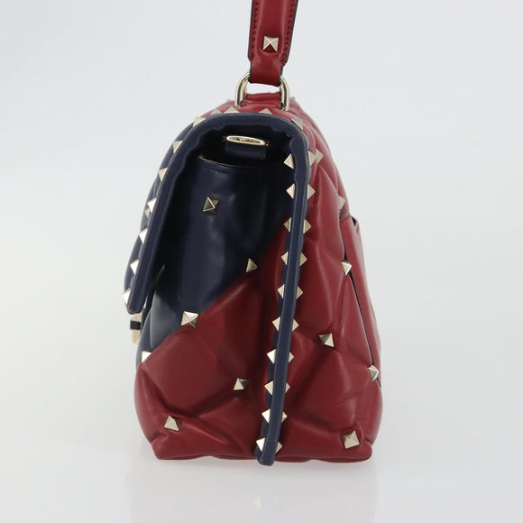VALENTINO Studs Hand Bag Leather 2way Red Navy Gold Auth bs36227A