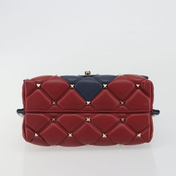 VALENTINO Studs Hand Bag Leather 2way Red Navy Gold Auth bs36227A