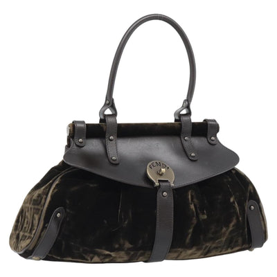 FENDI Hand Bag Velor Brown Gold Auth bs36234
