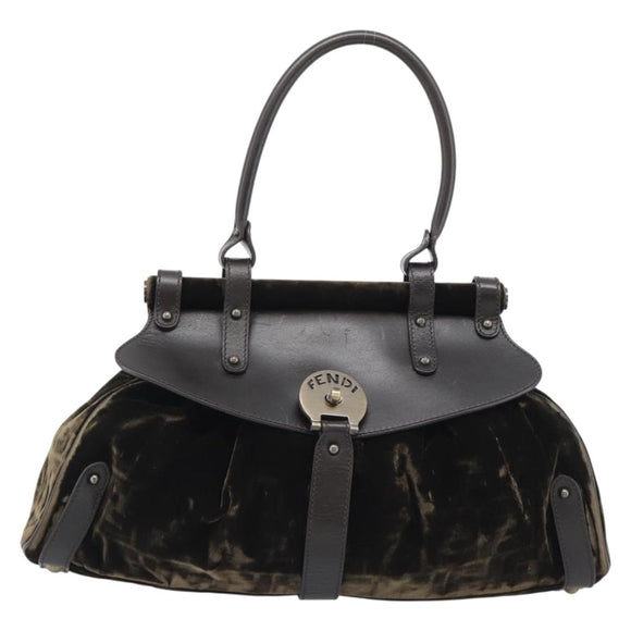 FENDI Hand Bag Velor Brown Gold Auth bs36234