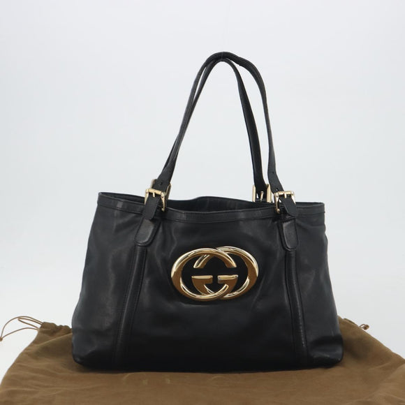 GUCCI New Brit Hand Bag Leather Black Gold 162094 Auth bs36279