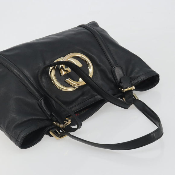 GUCCI New Brit Hand Bag Leather Black Gold 162094 Auth bs36279