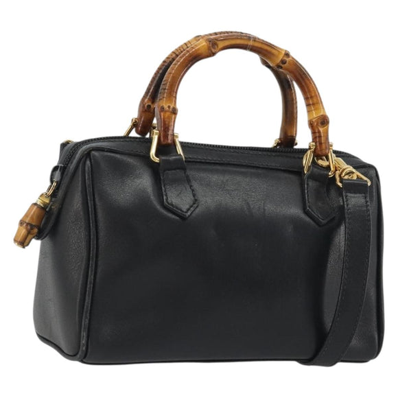 GUCCI Bamboo Hand Bag Leather 2way Black Gold 007 122 0232 Auth bs36283