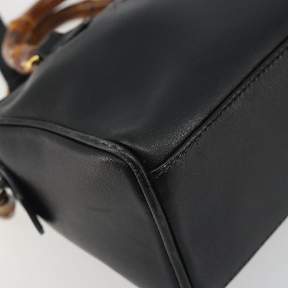 GUCCI Bamboo Hand Bag Leather 2way Black Gold 007 122 0232 Auth bs36283