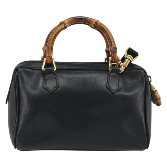 GUCCI Bamboo Hand Bag Leather 2way Black Gold 007 122 0232 Auth bs36283