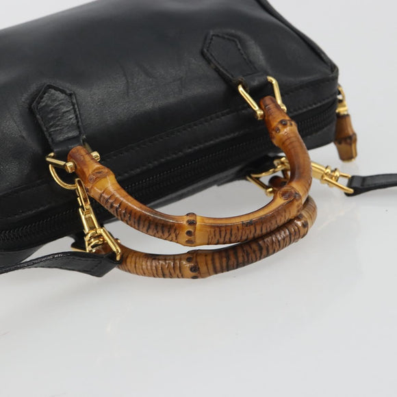 GUCCI Bamboo Hand Bag Leather 2way Black Gold 007 122 0232 Auth bs36283